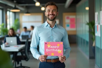 Employé souriant avec carte d'anniversaire dans un bureau moderne