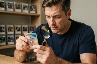 Collectionneur adulte examinant une rare carte Pokémon holographique à la loupe dans son bureau de collection