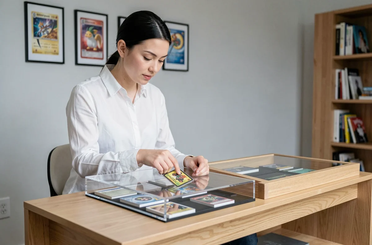 Collectionneuse rangeant une carte Pokémon gradée dans une vitrine de collection minimaliste