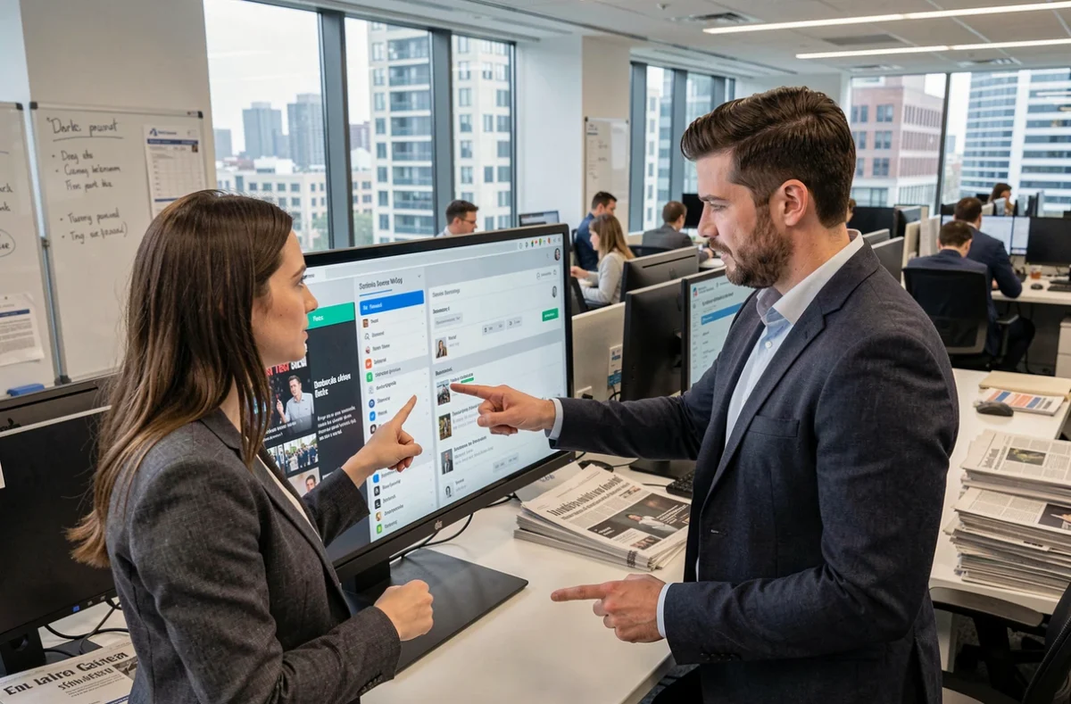 Deux collègues analysant un tableau de bord d'informations filtrées sur un grand écran dans une salle de rédaction moderne