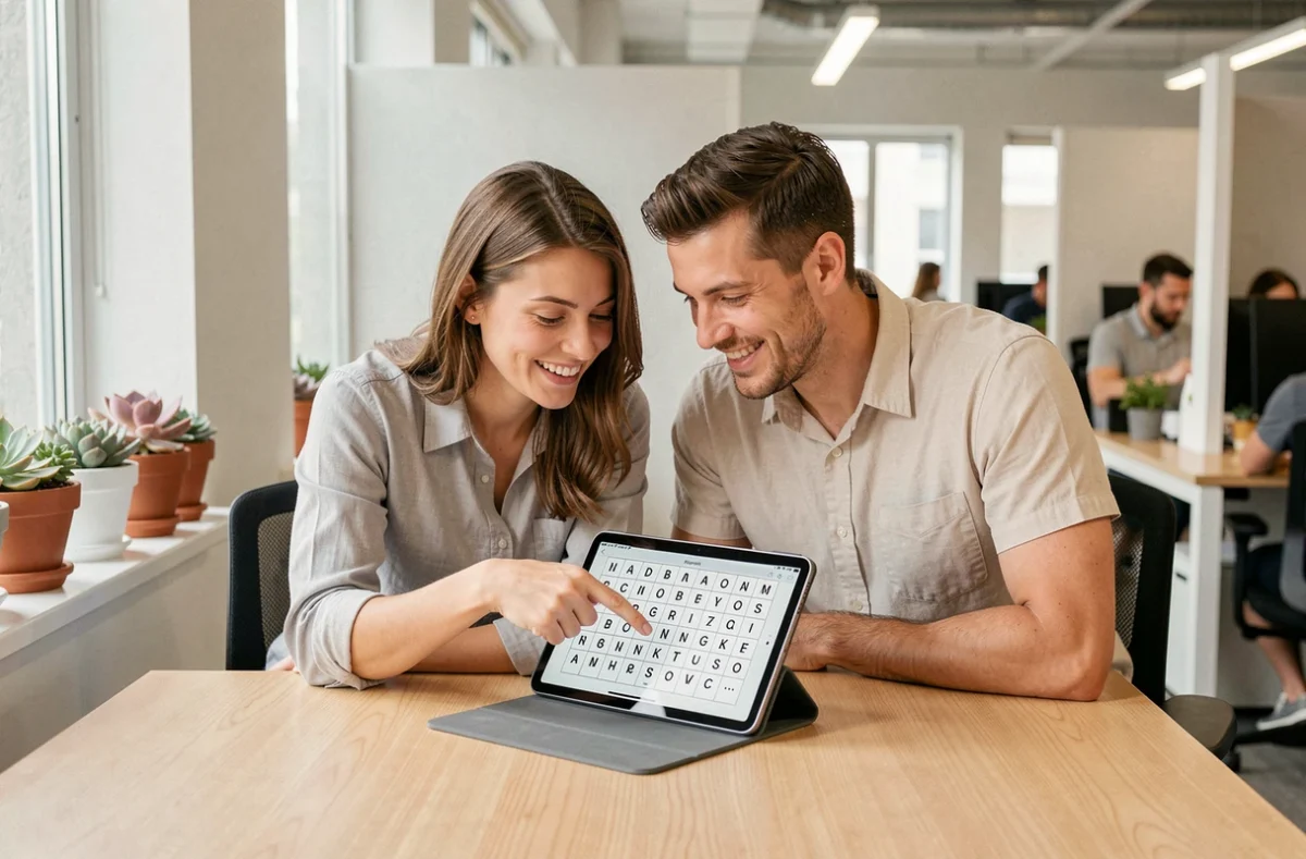 Deux collègues comparant les options de jeu Sutom illimité sur une tablette dans un bureau moderne, discussion sur les différences de version