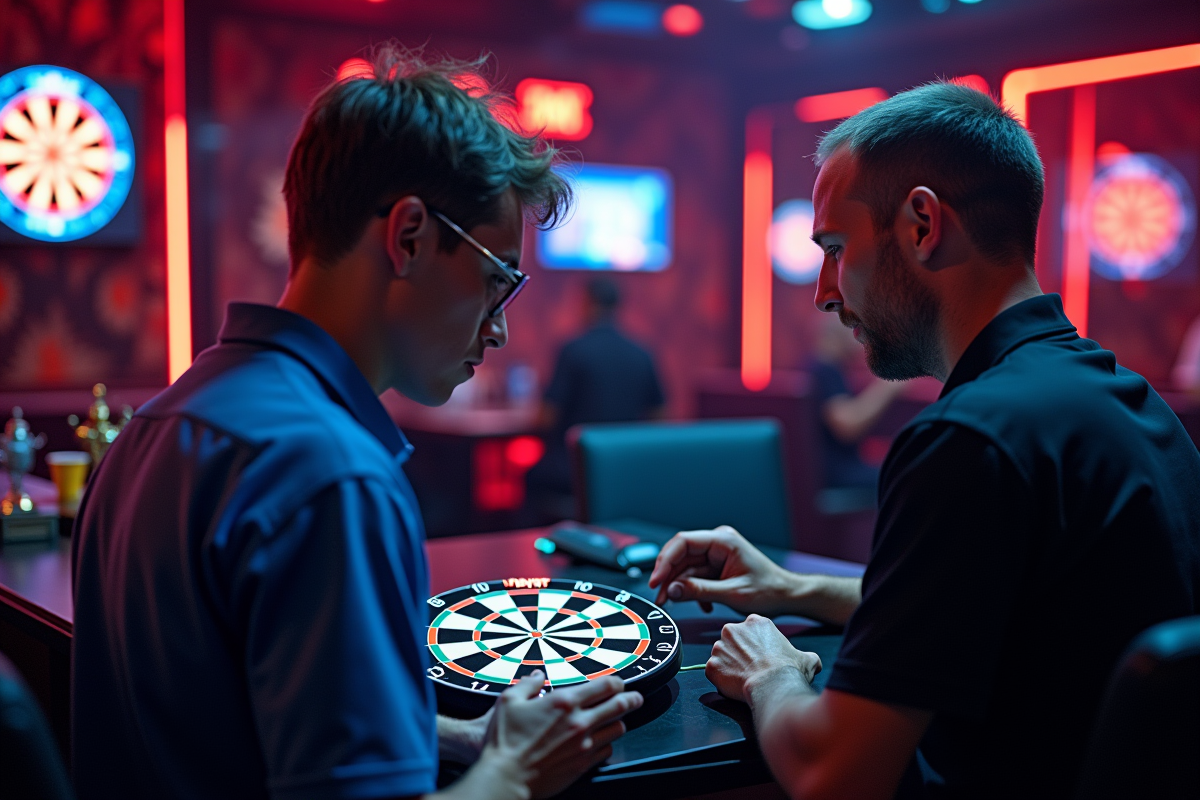Deux joueurs comparant des dartboards électroniques en club