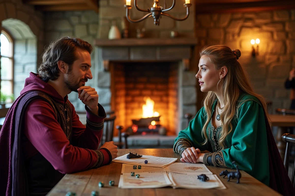 Deux joueurs en costumes fantasy pourpre et émeraude comparant leurs choix de Dofus autour d'une table de taverne