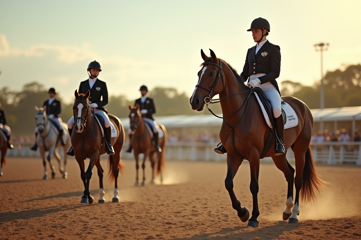 Cavalier préparant son cheval avant une compétition en extérieur