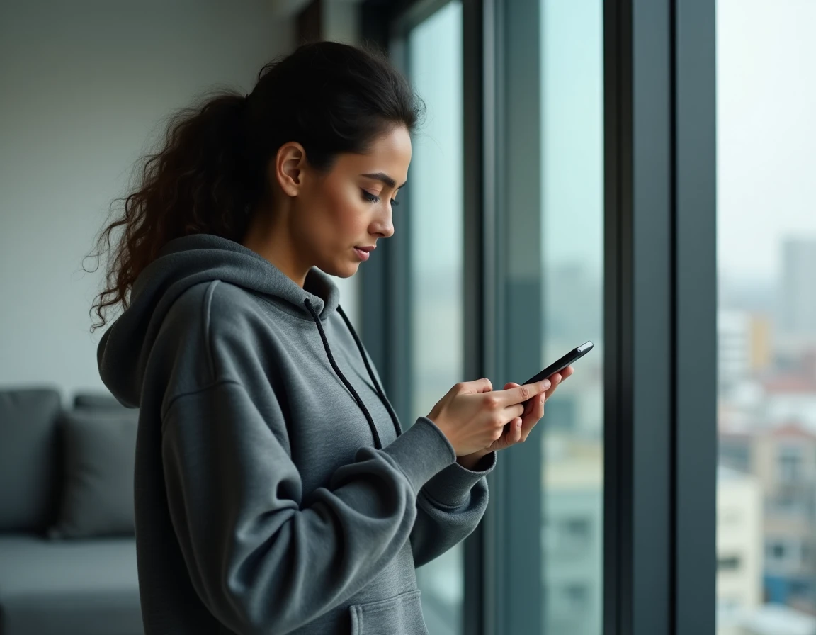 Femme composant un numéro international vers l'Algérie sur son smartphone dans un appartement moderne