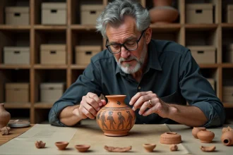 Conservateur de musée examinant une amphore grecque antique ornée de représentations de divinités du feu, dans une réserve archéologique