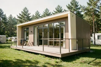 Mobil-home français innovant avec facade en bardage bois, grandes baies vitrées panoramiques et terrasse composite dans un camping verdoyant