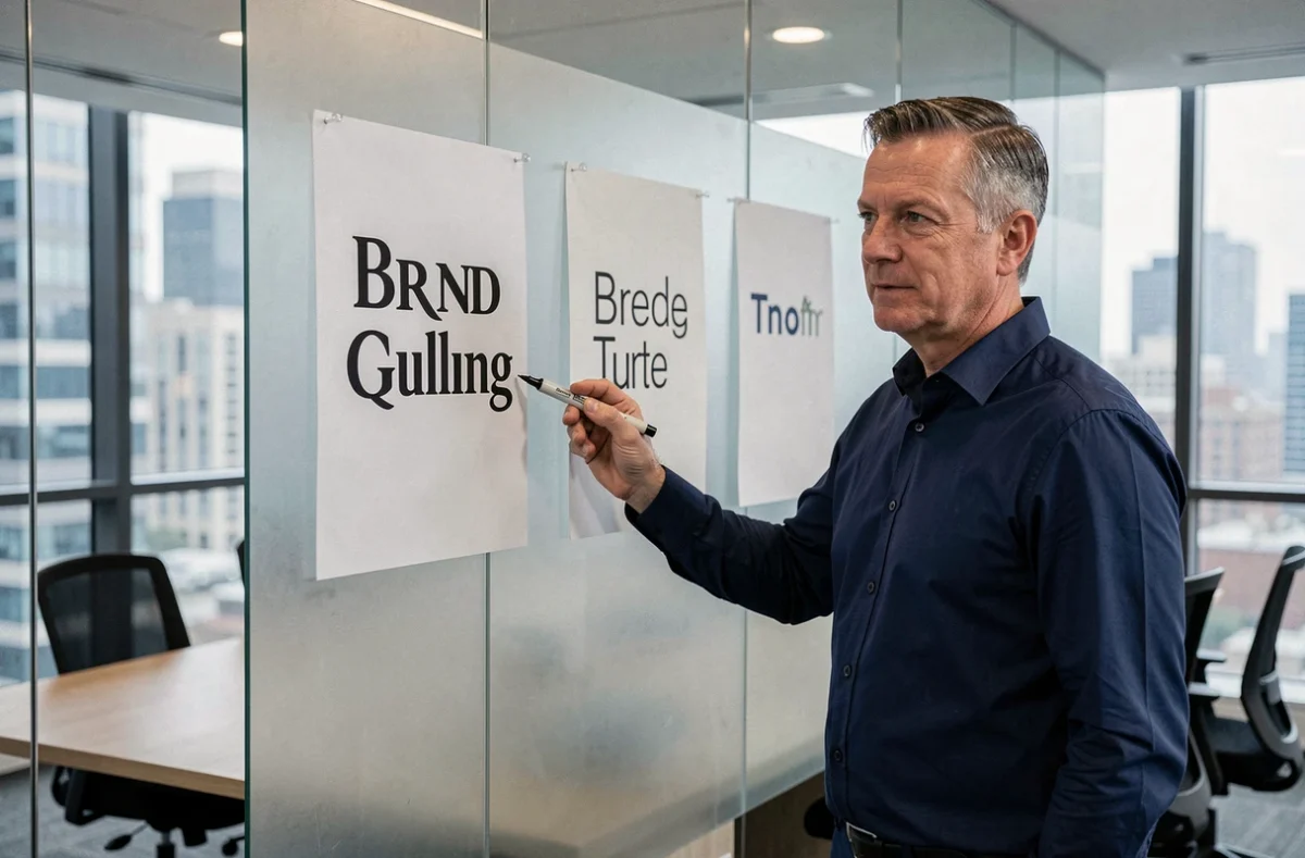 Consultant en branding présentant des guides typographiques serif et sans-serif dans une salle de réunion moderne