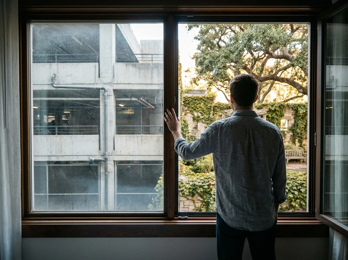 Personne observant depuis une fenêtre d'hôtel le contraste entre un parking urbain et un jardin naturel