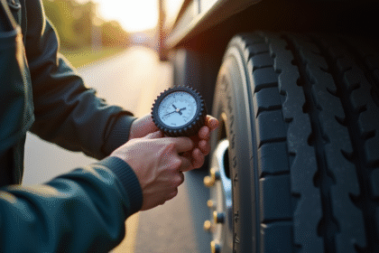 Personne vérifiant la pression d'un pneu de remorque en plein jour