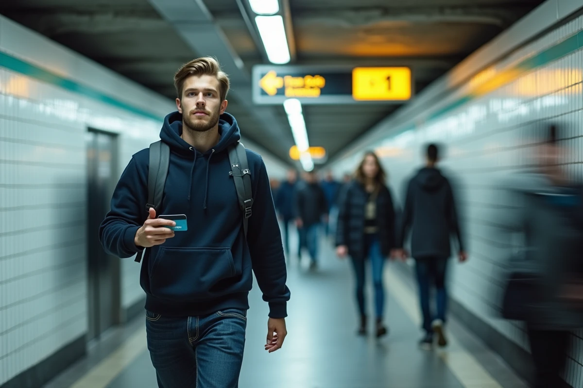 Voyageur en correspondance dans une station de métro parisienne vers le tramway
