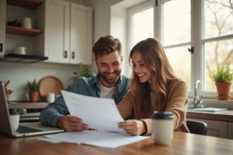 Jeune couple souriant avec documents de prêt immobilier