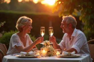 Couple souriant toastant avec champagne dans un jardin