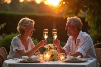 Couple souriant toastant avec champagne dans un jardin