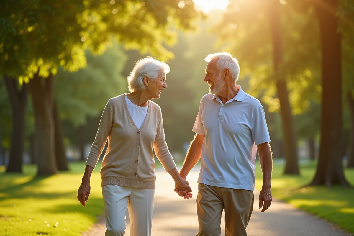 Couple agee marchant main dans la main dans un parc ensoleille