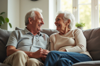 Couple agee assis sur un sofa lumineux en salon