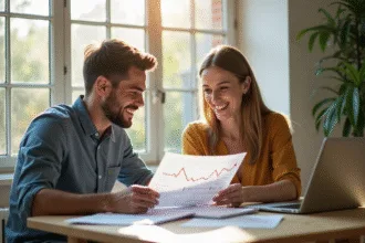 Jeune couple souriant autour d'une table à la maison avec un ordinateur montrant une baisse des taux