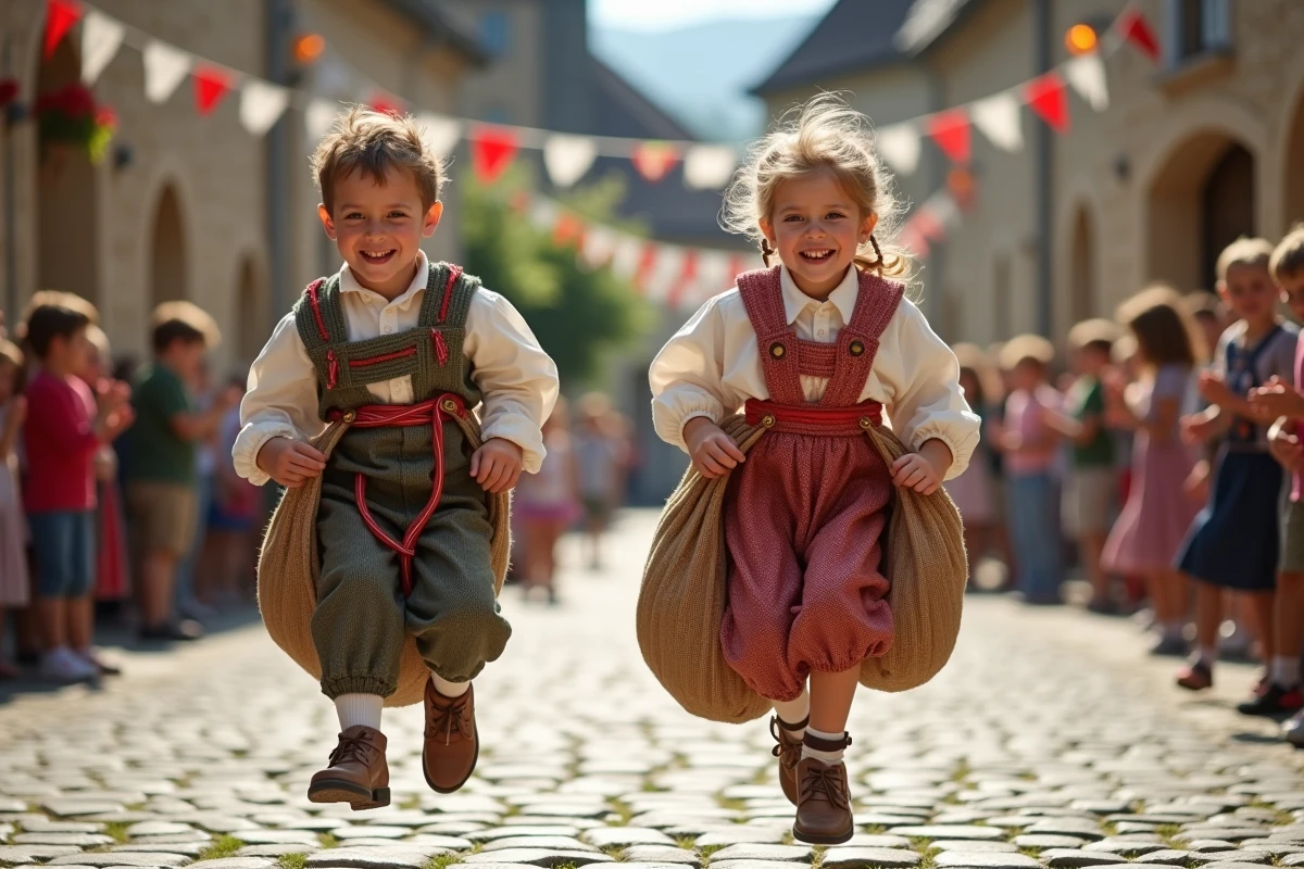 Enfants en costume traditionnel participant à une course en sac