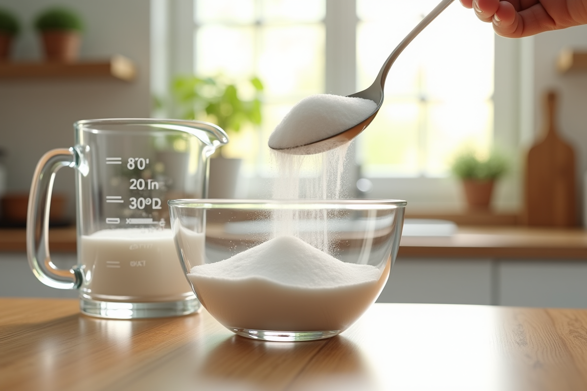 Cuillère versant du sucre dans un bol avec un verre mesureur