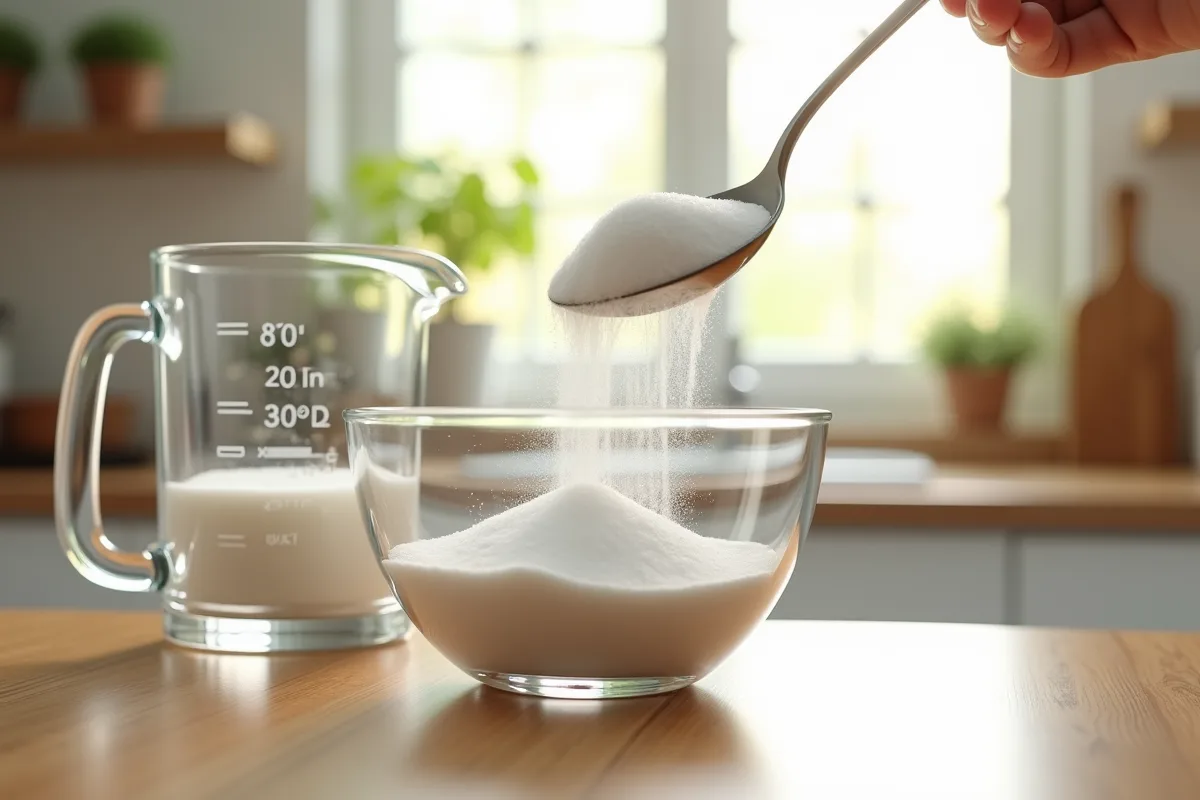 Cuillère versant du sucre dans un bol avec un verre mesureur
