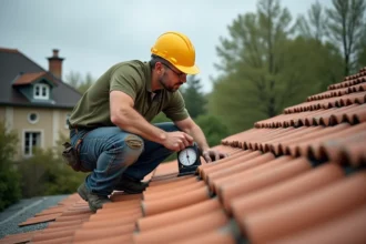 Couvreur professionnel mesurant la pente d'un toit en tuiles avec un inclinomètre analogique