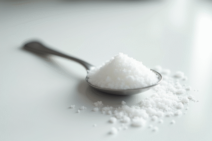 Cuillère à café en acier inoxydable remplie de sucre blanc fin