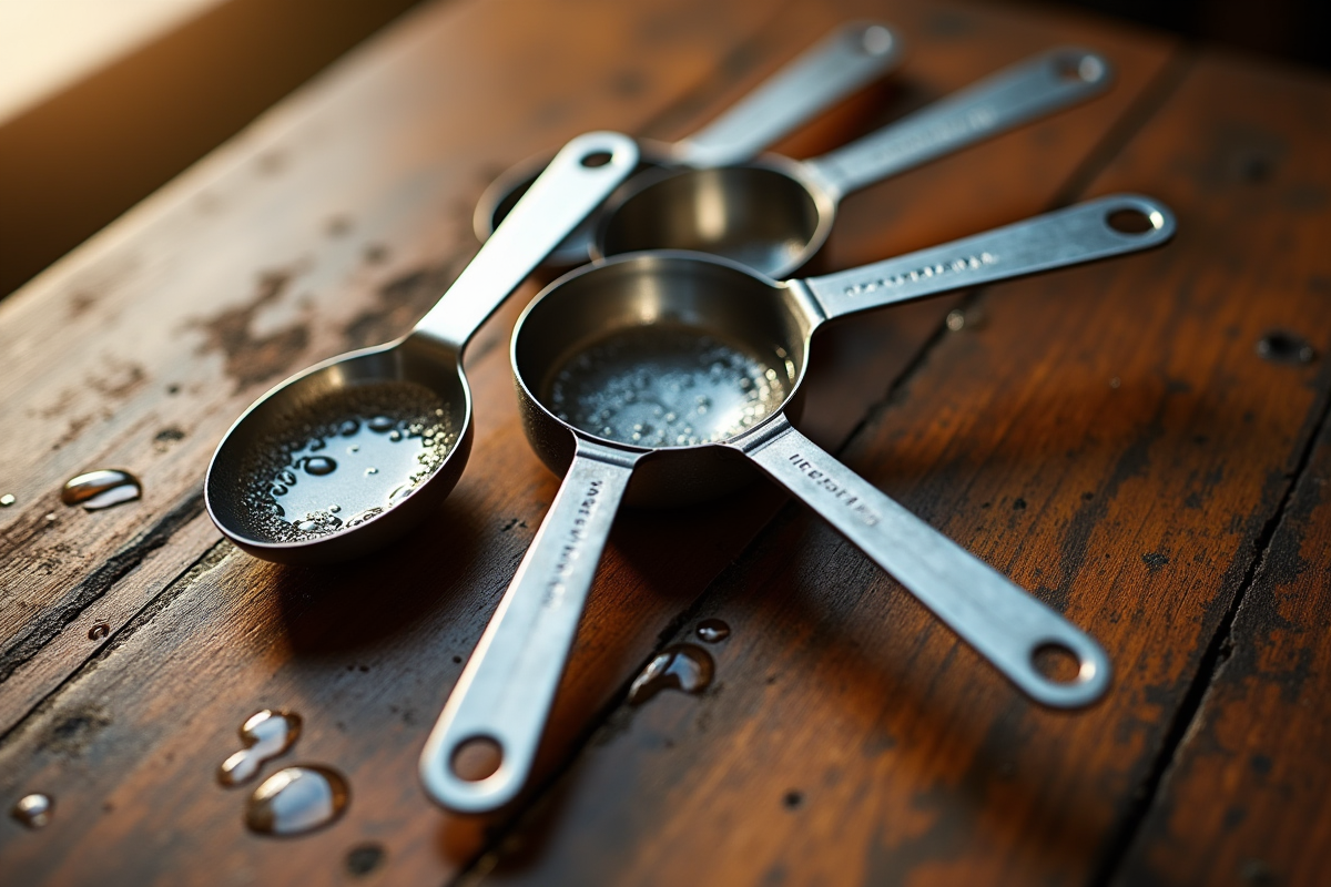Cuillères à mesurer avec eau sur table en bois rustique