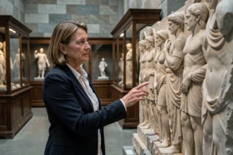Curatrice de musée observant un relief en marbre grec ancien représentant des héros mythologiques, dans une galerie archéologique atmosphérique