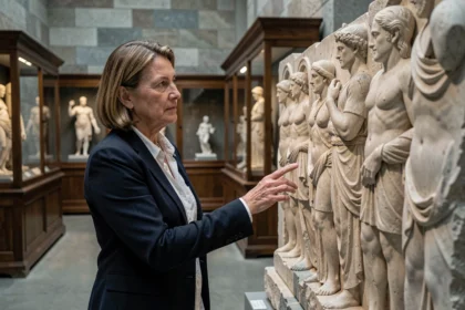 Curatrice de musée observant un relief en marbre grec ancien représentant des héros mythologiques, dans une galerie archéologique atmosphérique