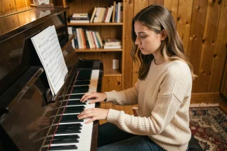 Jeune femme débutante au piano apprenant le si bémol, les mains posées sur les touches avec une partition devant elle dans un salon chaleureux