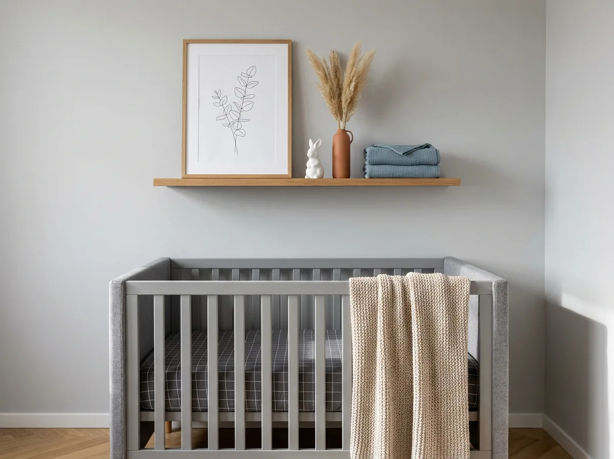 Étagère de décoration au-dessus d'un lit de bébé gris avec affiche botanique, figurine céramique et pampa séché en harmonie avec la literie