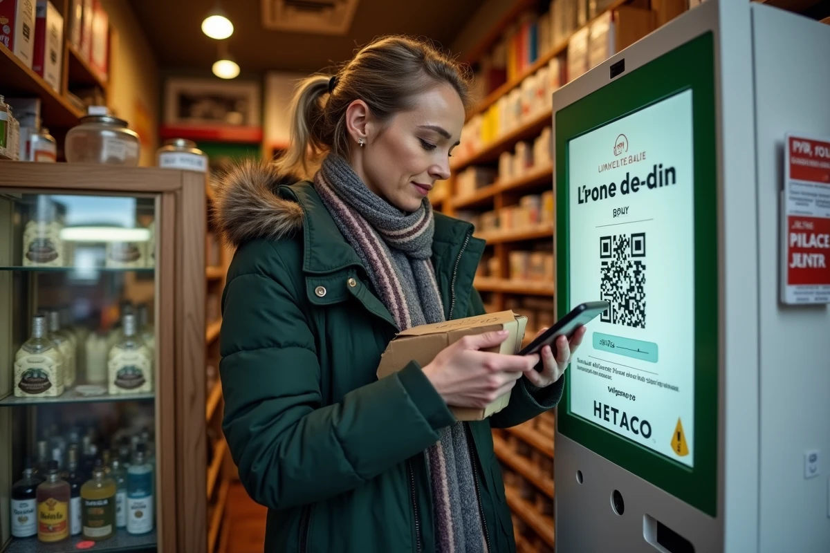 Femme scannant un QR code pour déposer un colis Vinted Go dans un point relais tabac-presse