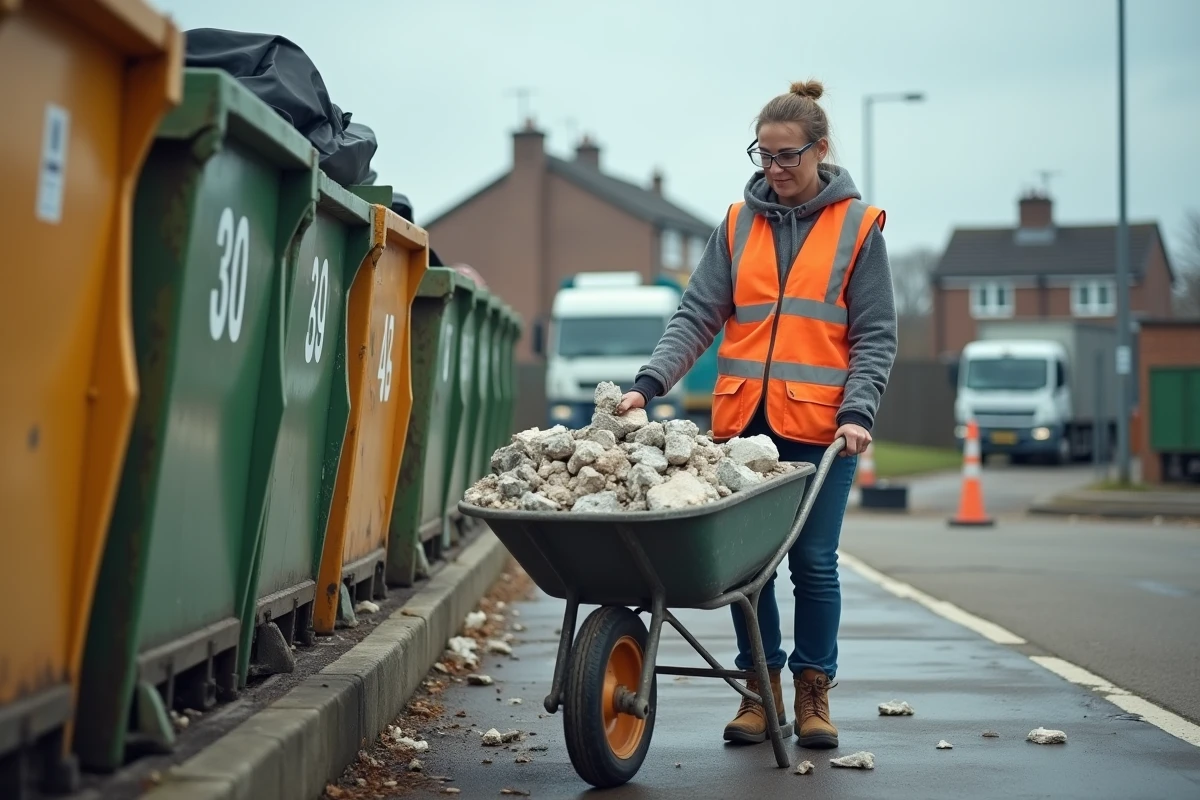 Femme déposant des gravats dans un benne adaptée à la déchetterie, tri des déchets de construction