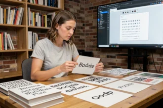 Designer comparant des logos en typographie serif et sans-serif sur des cartes imprimées dans un studio de design moderne