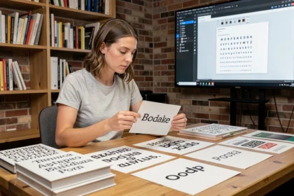 Designer comparant des logos en typographie serif et sans-serif sur des cartes imprimées dans un studio de design moderne