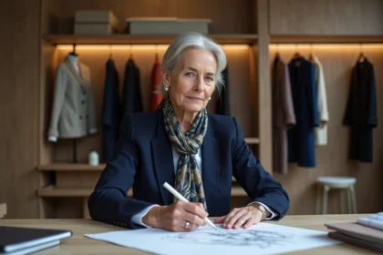 Designer française élégante en studio en train de dessiner
