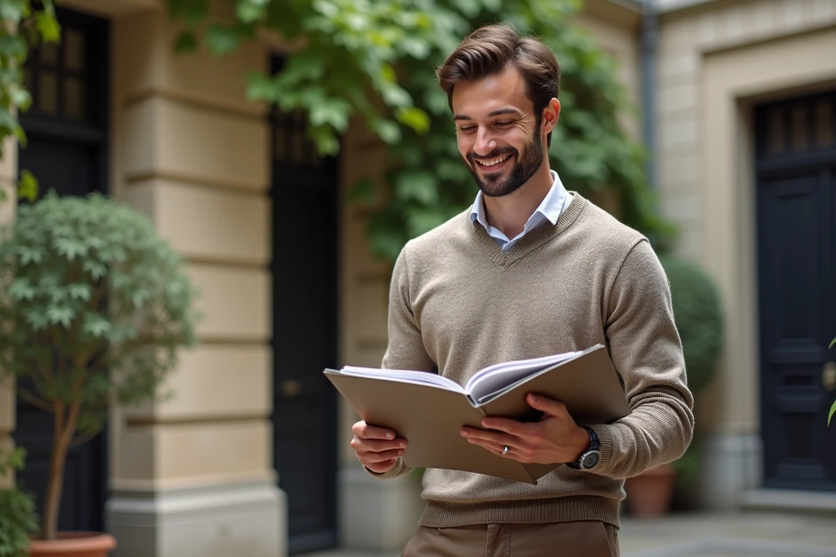 Designer français dans une cour parisienne avec portfolio