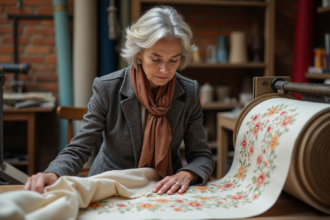 Designer textile française inspectant un tissu brodé à Lyon