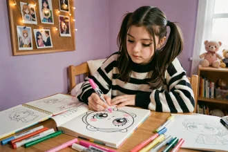 Adolescente dessinant un personnage kawaii style Mortelle Adèle avec des marqueurs colorés dans sa chambre
