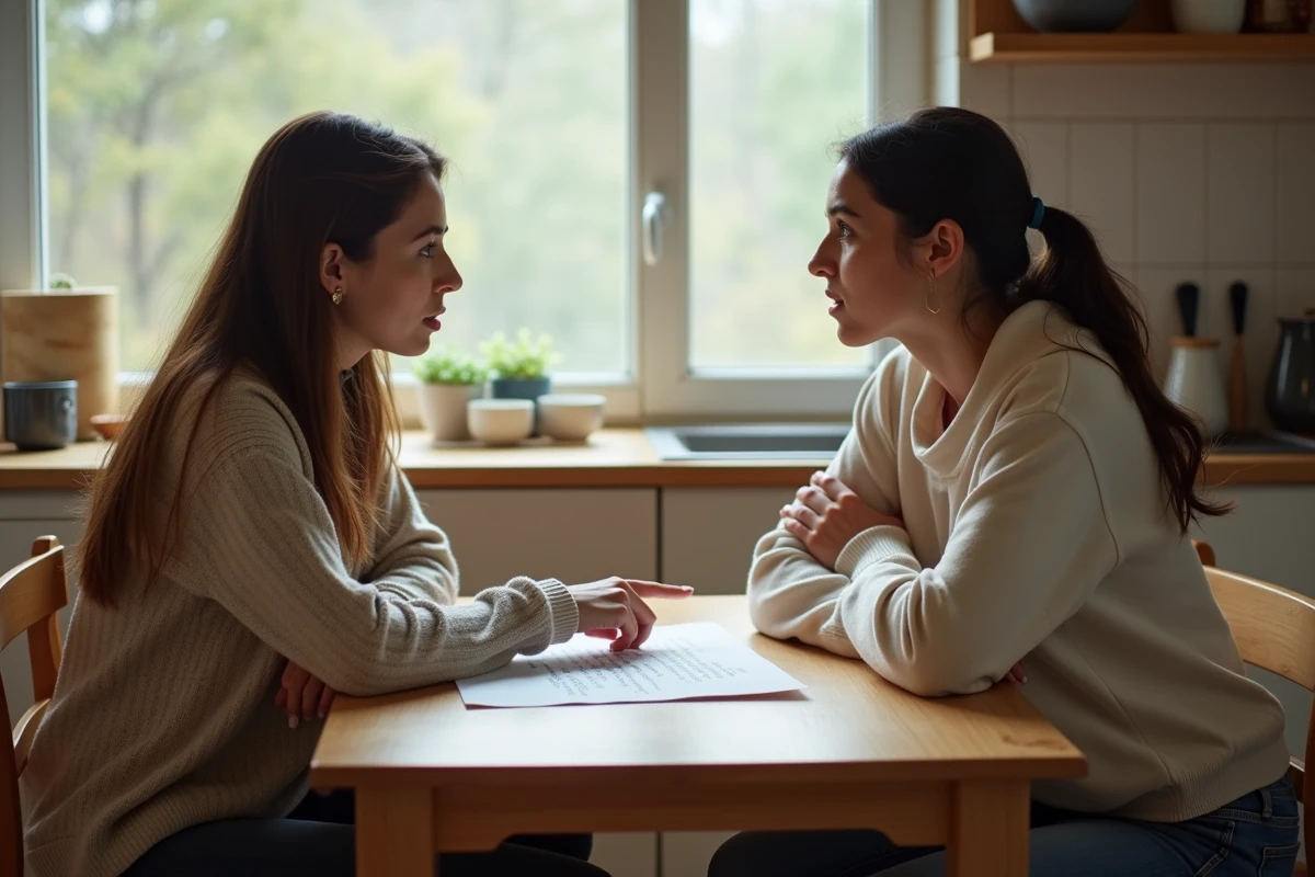 Deux femmes discutant d'une citation provocante imprimée sur papier autour d'une table de cuisine