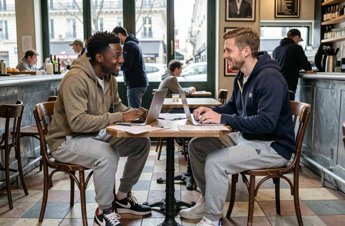 Deux rappeurs discutant de traductions de textes de rap dans un café parisien avec des documents imprimés