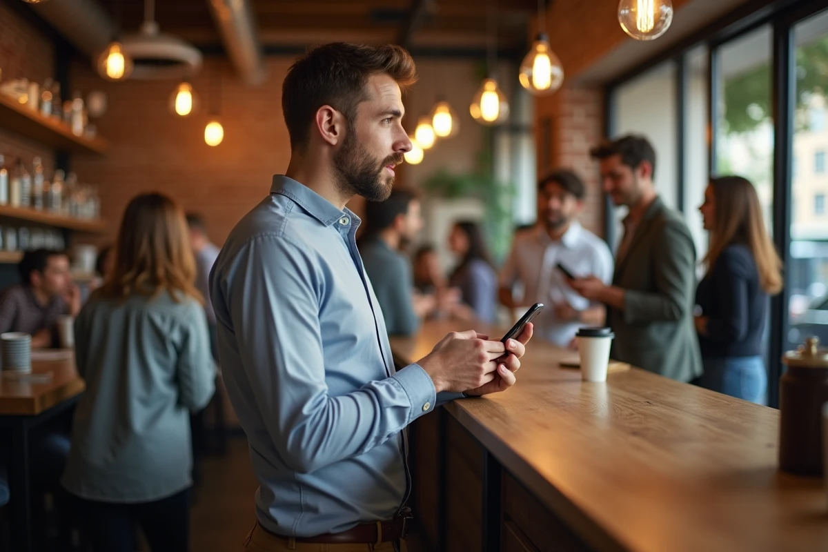 Jeune homme attendant seul dans un café animé, téléphone à la main, illustrant le fait de rester disponible en permanence pour forcer la proximité affective