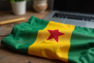 Drapeau jaune et vert avec étoile rouge soigneusement plié sur une table en bois, texture du tissu visible et couleurs vives