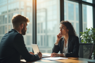 Femme professionnelle en discussion avec son manager dans un bureau moderne