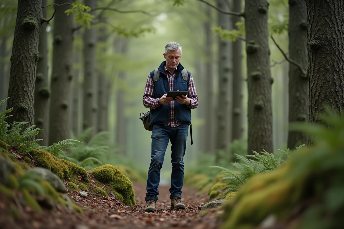 Écologue homme en forêt tempérée enregistrant des données sur tablette entouré de chênes et hêtres