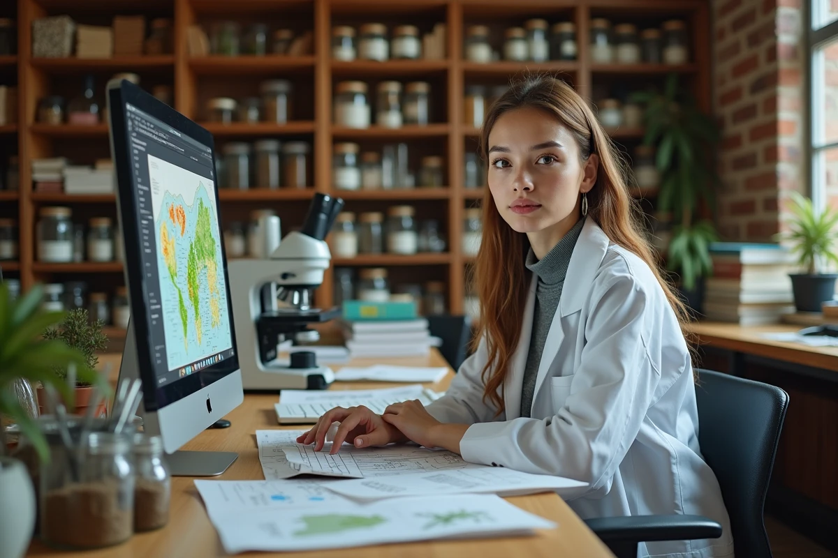 Écologue femme en laboratoire de recherche analysant des données de biodiversité sur ordinateur avec cartes et specimens botaniques