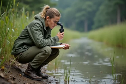 Écologue femme en terrain humide examinant la végétation aquatique avec une loupe dans une zone marécageuse naturelle