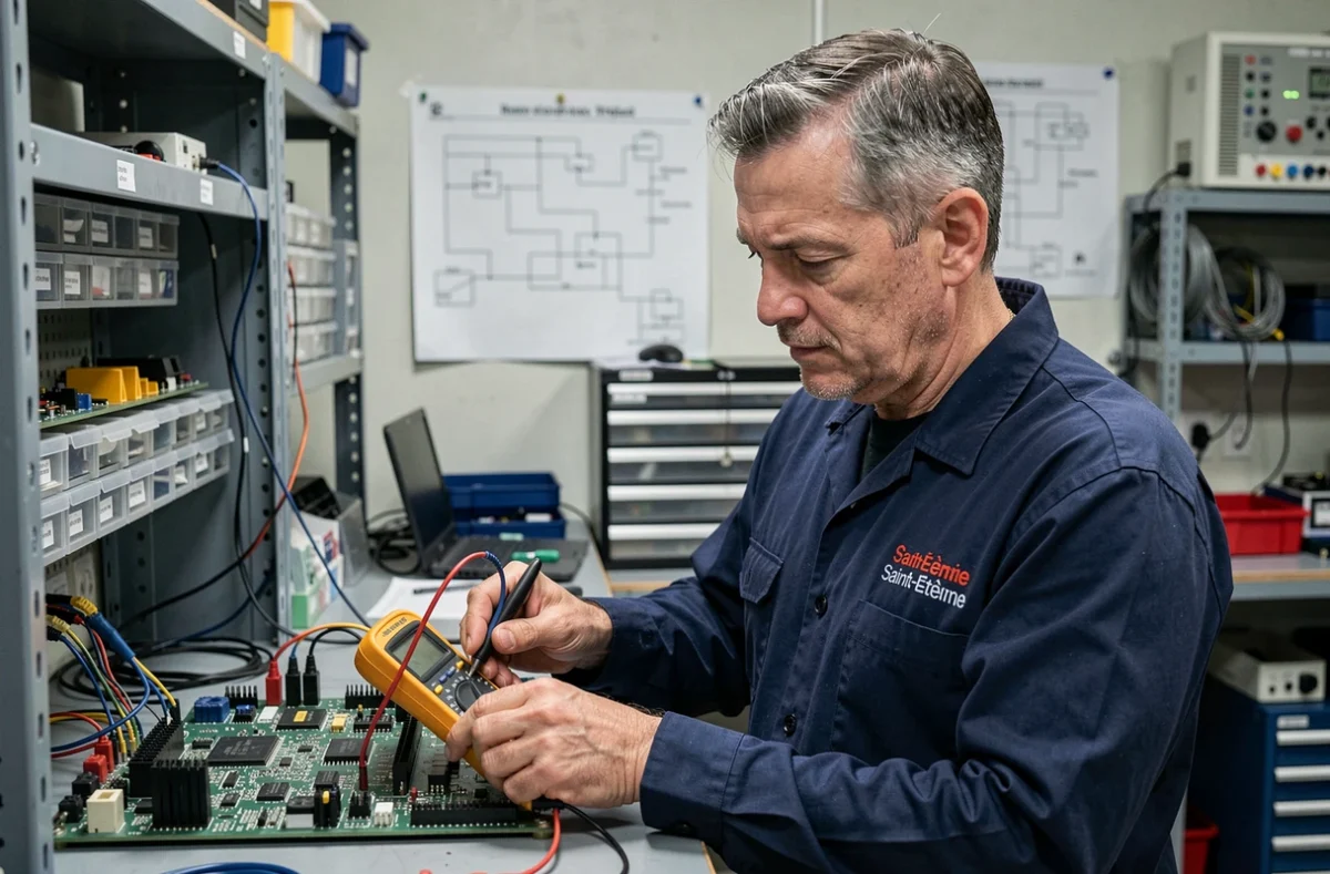 Technicien d'Electronex testant un circuit électronique dans un atelier spécialisé à Saint-Étienne