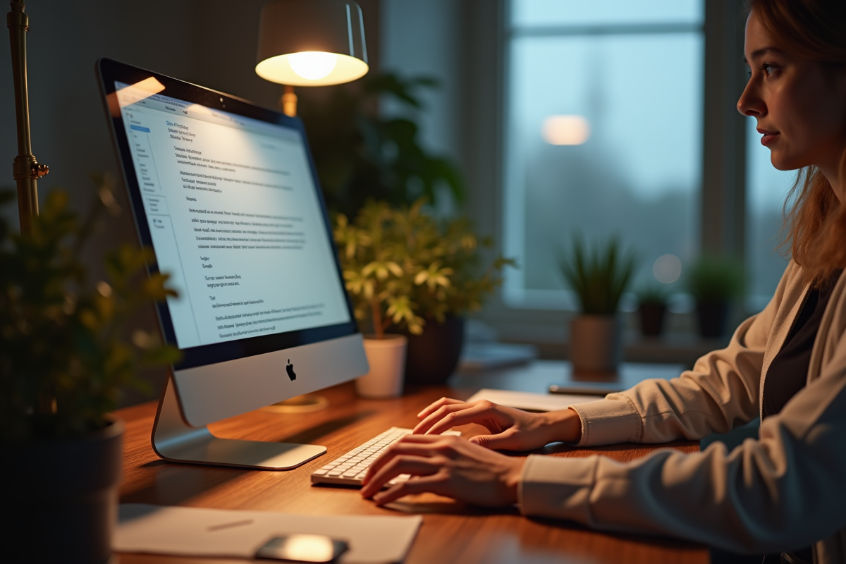 Employe calme rédigeant un email à son bureau avec un environnement chaleureux