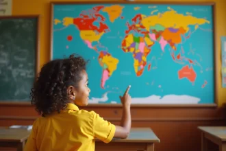 Jeune écolière pointant Mayotte sur une grande carte de l'Afrique accrochée au mur d'une salle de classe colorée